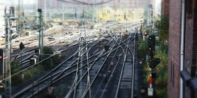 a view of a train yard from a high point of view