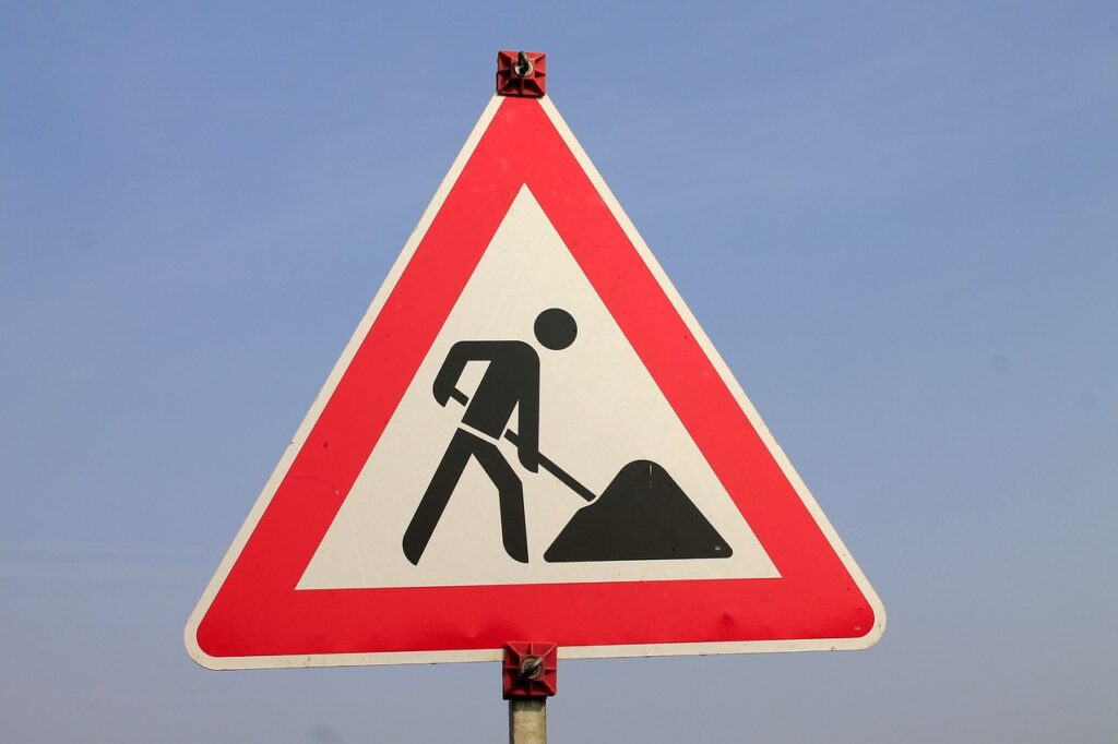 sign, marking, construction site, construction site sign, a notice, Sperrung Fußgängerzone Oberstein